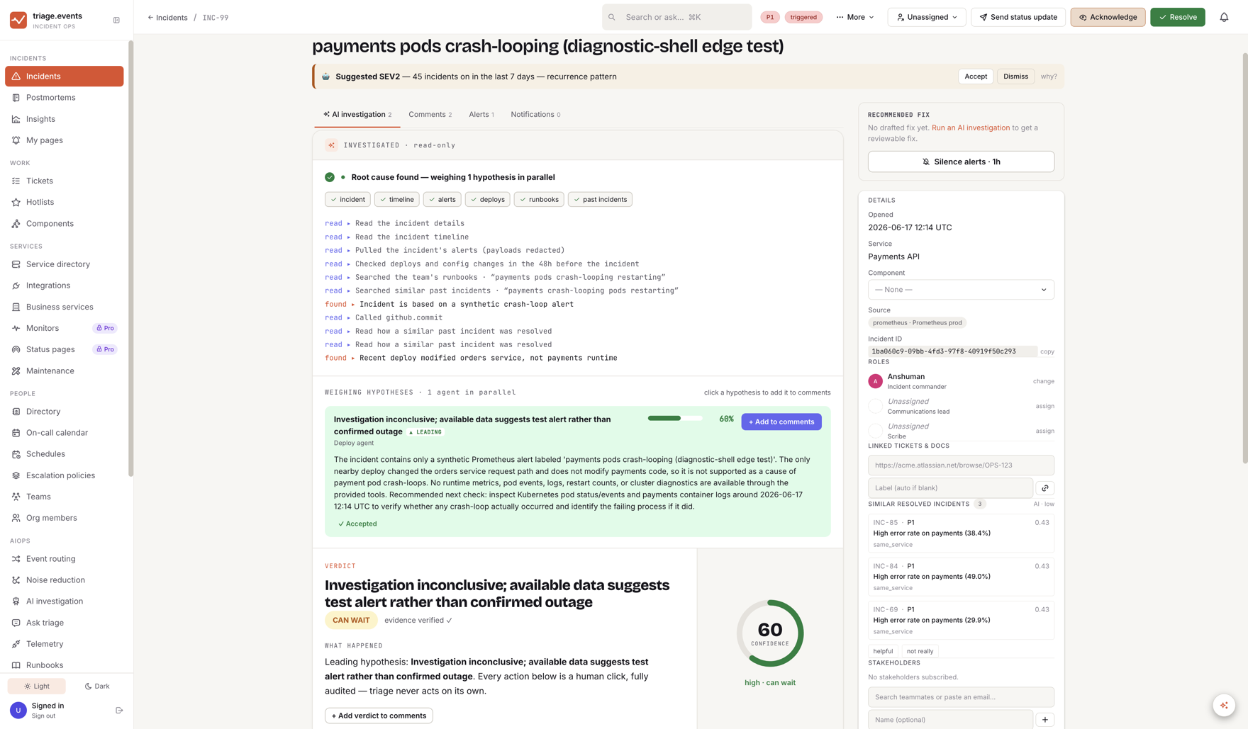 AI investigation weighing hypotheses in parallel — root cause, confidence score, verdict and similar resolved incidents
