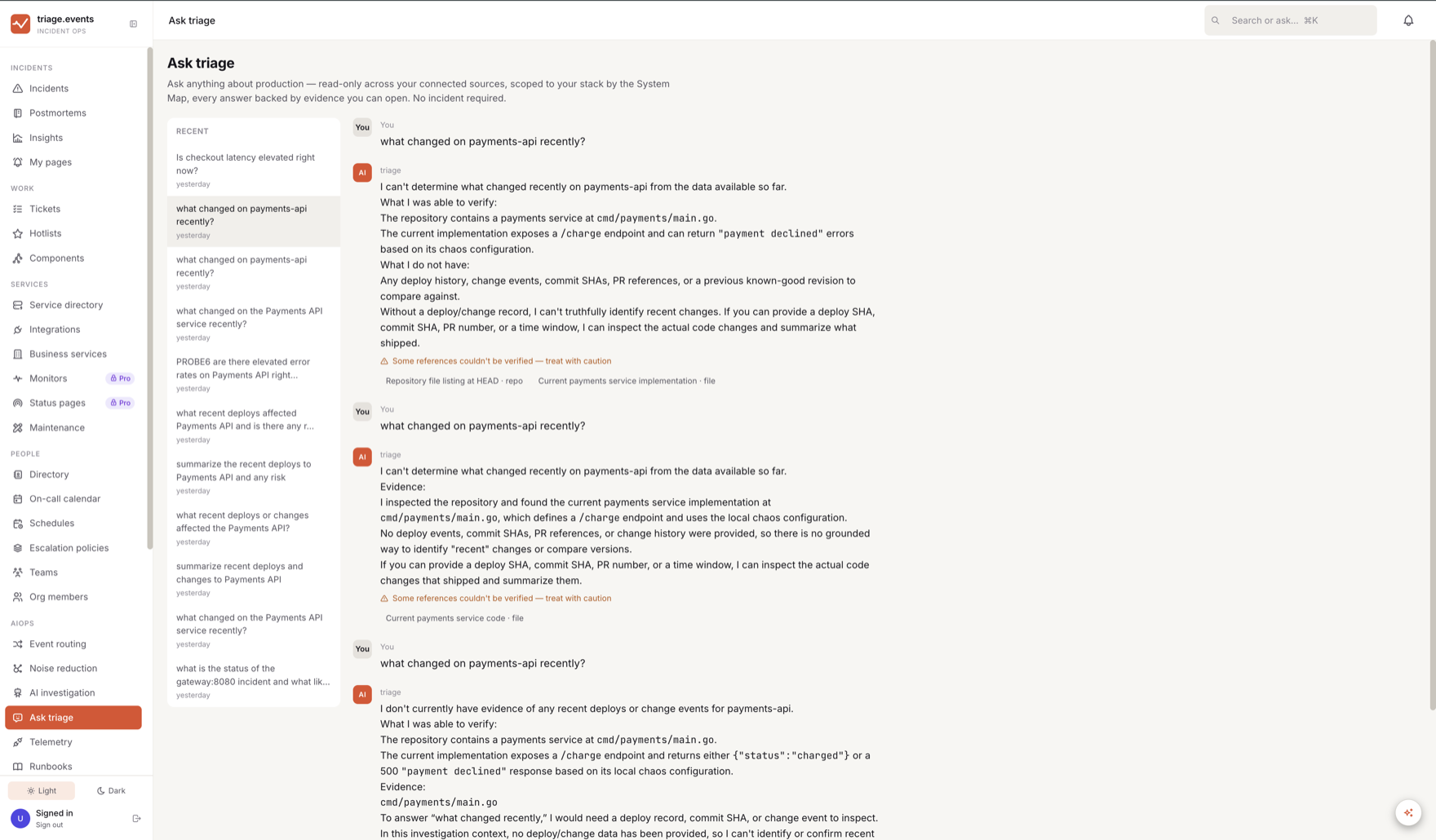 Ask triage — a read-only chat answering questions about production, scoped to your stack, every answer backed by evidence