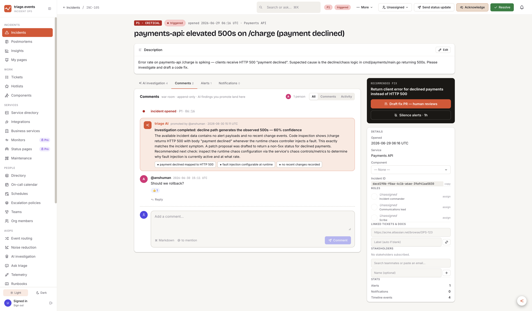 Incident detail — the AI's finding promoted into the war-room timeline, a recommended fix ready to draft as a PR, roles, and linked tickets