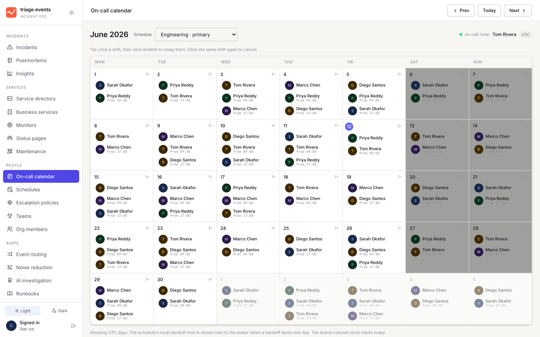 On-call calendar — follow-the-sun rotations across the month, color-coded by responder