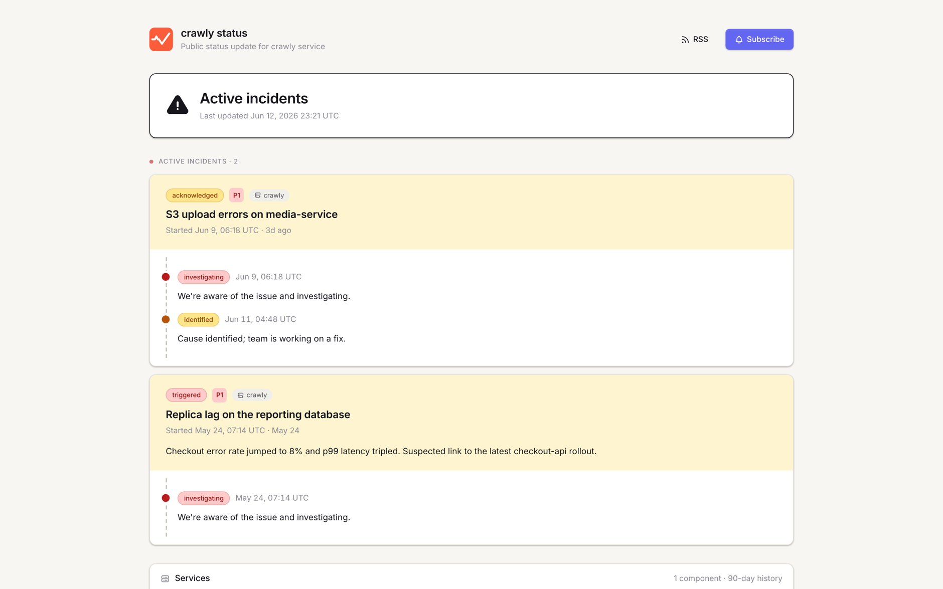 Branded public status page with active incidents and subscribers