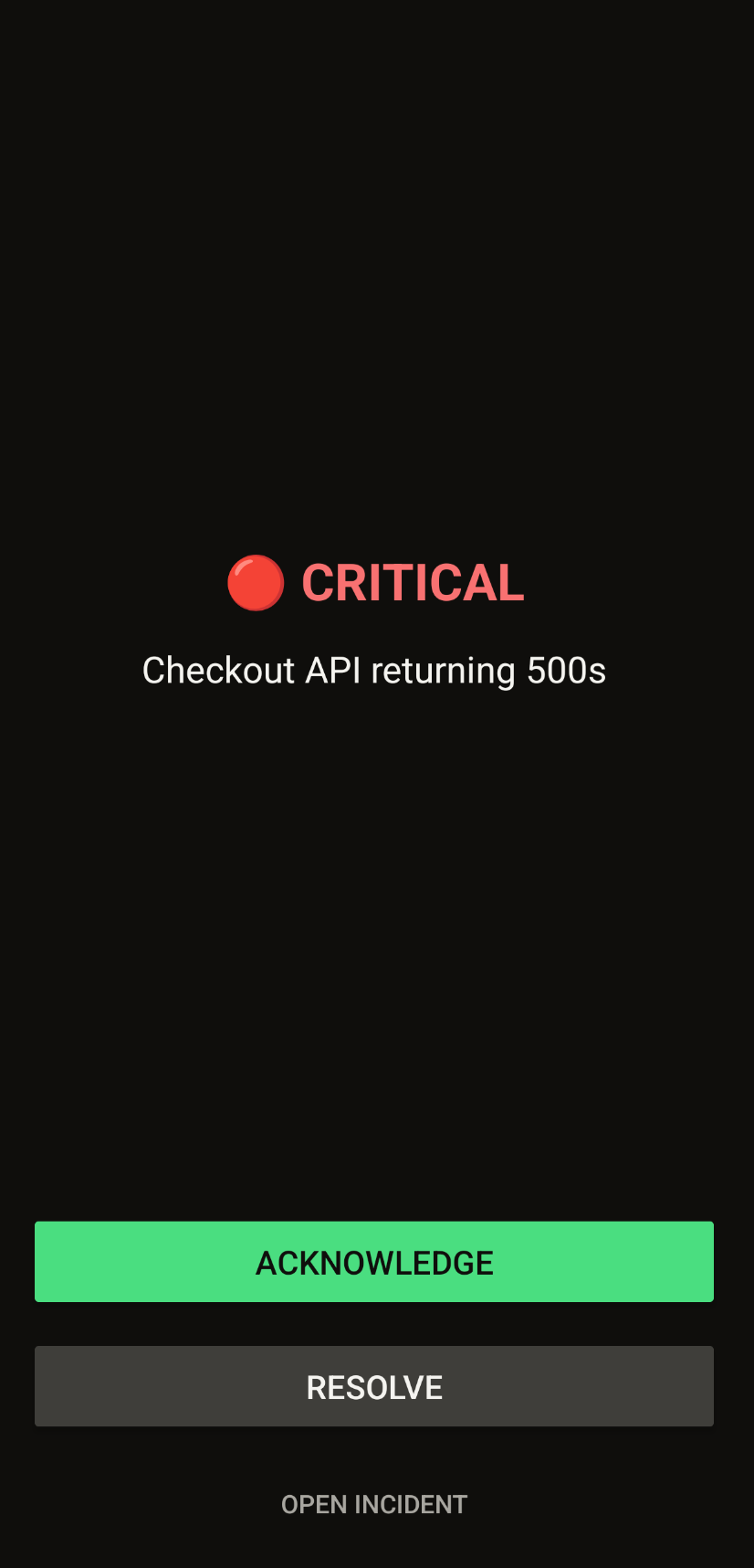 A critical page ringing full-screen on a locked iPhone — Checkout API returning 500s, with Acknowledge and Resolve